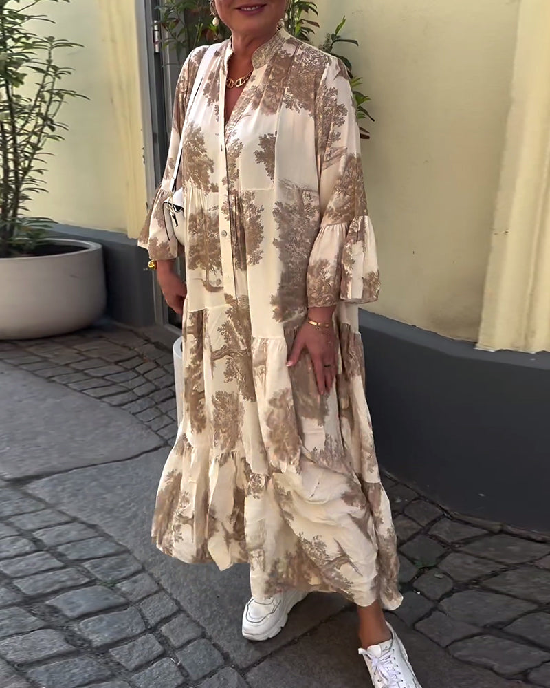 Damen Maxi-Kleid mit Blumenprint Volantärmeln Stehkragen Leicht - Norvielle