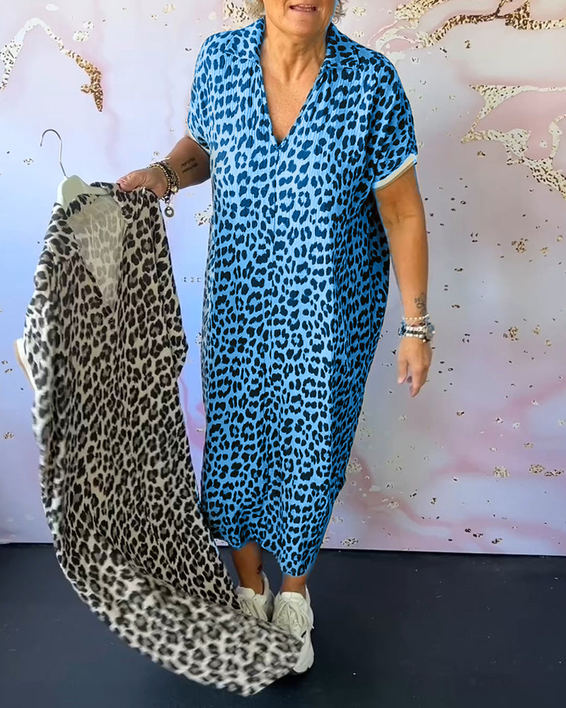 Damen Kleid V-Ausschnitt Leopardenmuster