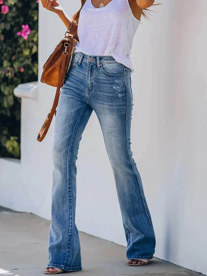 Damen Lange Denim Jeans Hose Breite Bein Reißverschluss