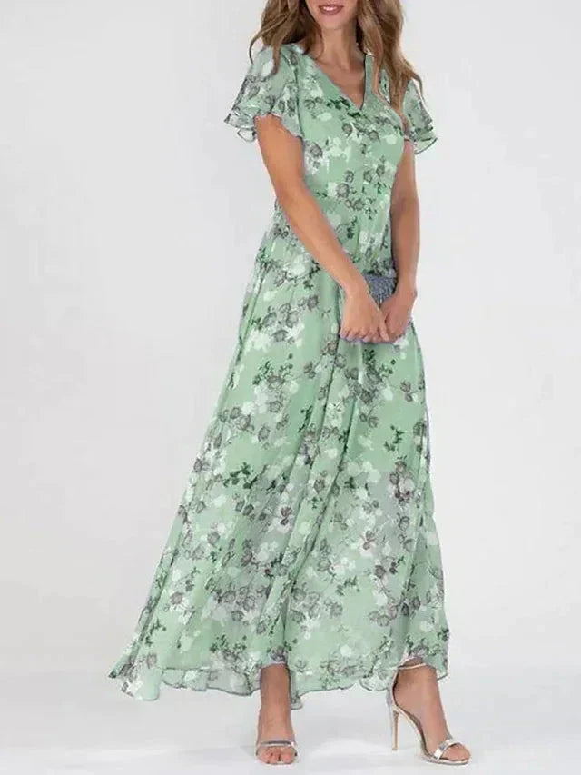 Damen Maxikleid Blumenprint Rosa Chiffon V-Ausschnitt
