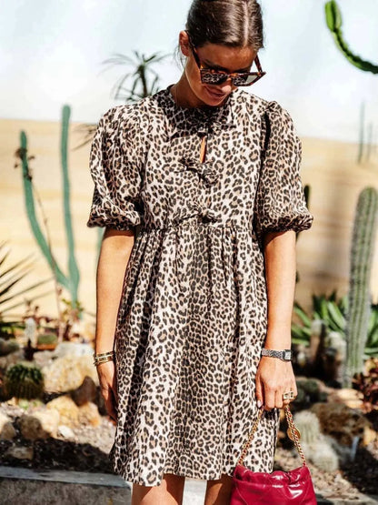 Damen Leopardenkleid Kurze Puffärmel