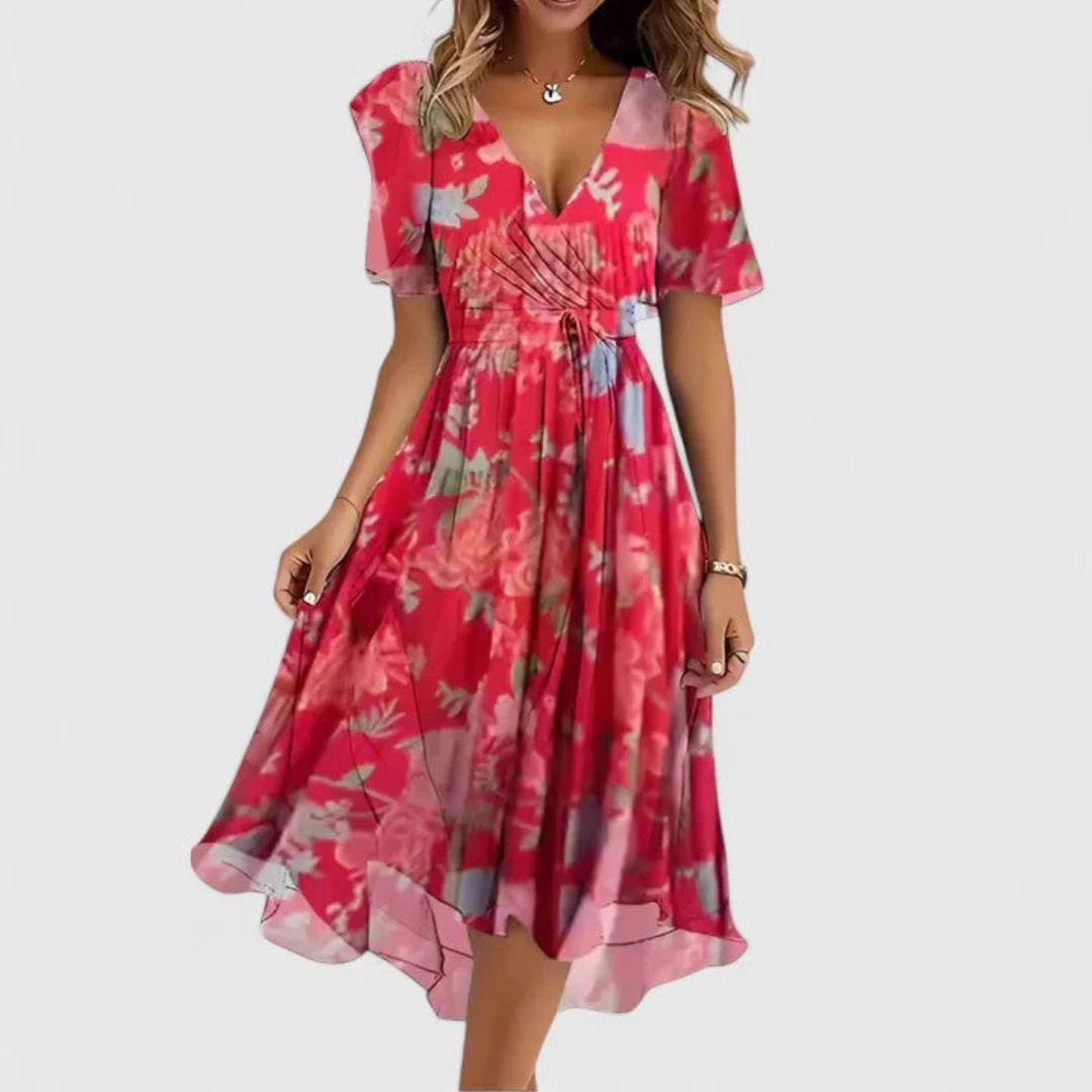Damen Blumen Midi Kleid V-Ausschnitt - Norvielle