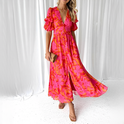 Damen Maxikleid V-Ausschnitt Puffärmel Elegantes Langkleid Schwarz - Norvielle