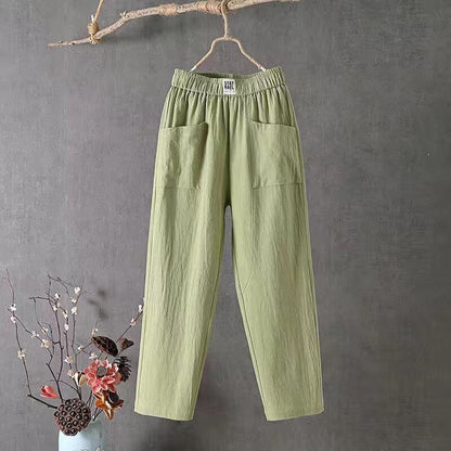 Lässige Damen Leinenhose Baumwoll Elastischer Bund Beige