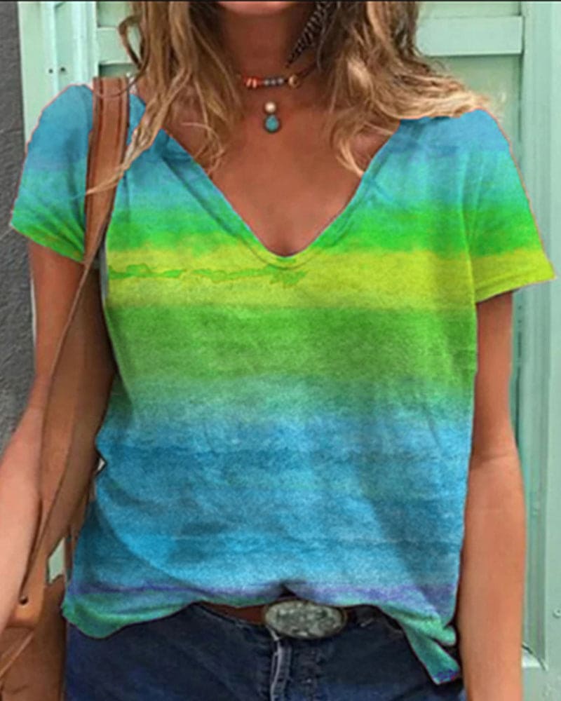 Norvielle Damen T-Shirt V-Ausschnitt Regenbogenmuster Leicht