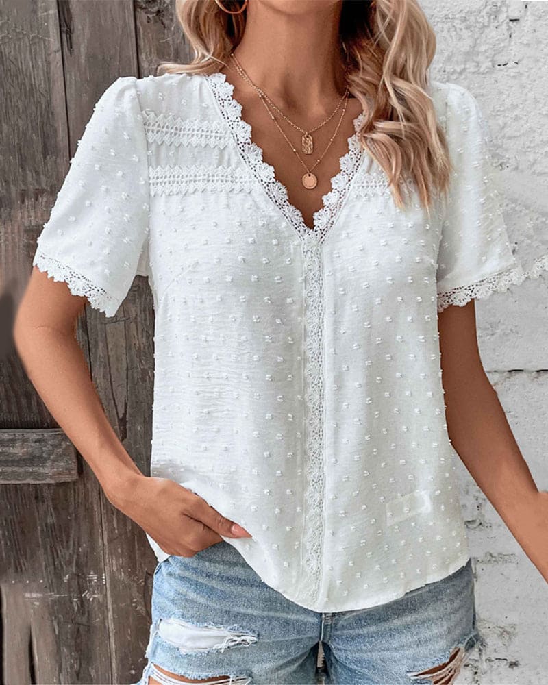Damen V-Ausschnitt Spitzen-Shirt Weiß Kurzarm Sommerlich - Norvielle
