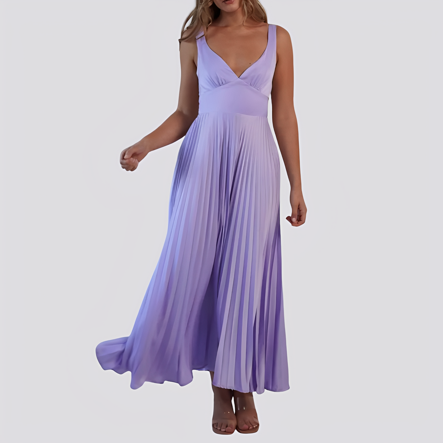 Damen Maxikleid Plissee V-Ausschnitt Elegantes