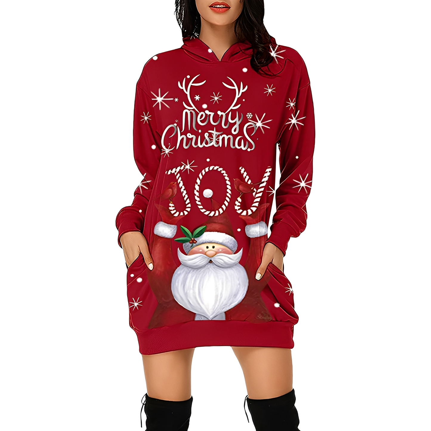 Damen Weihnachtskleid Kapuze Print