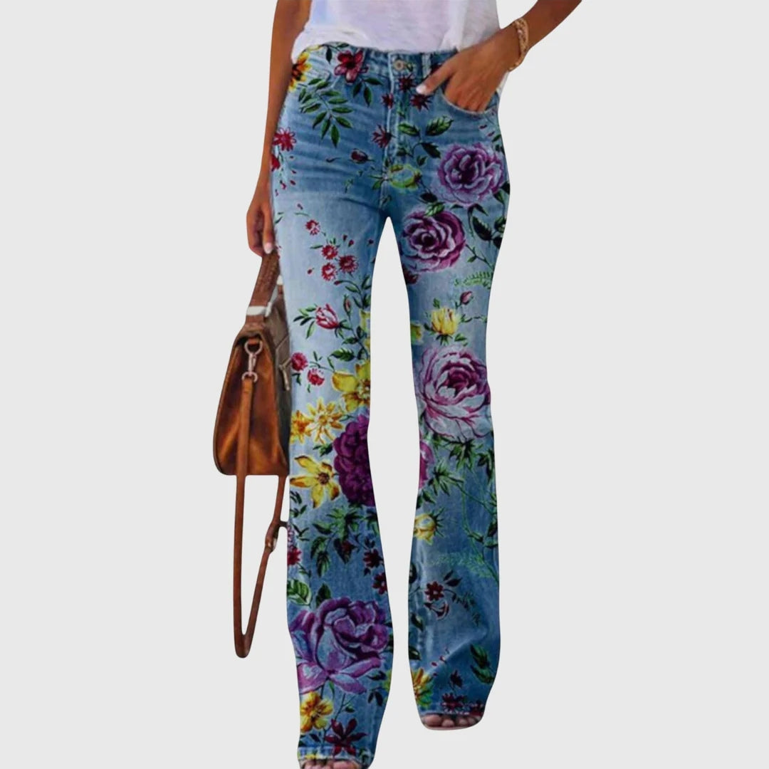 Damen Enge Jeans Blumenbedruckt Schwarz - Norvielle