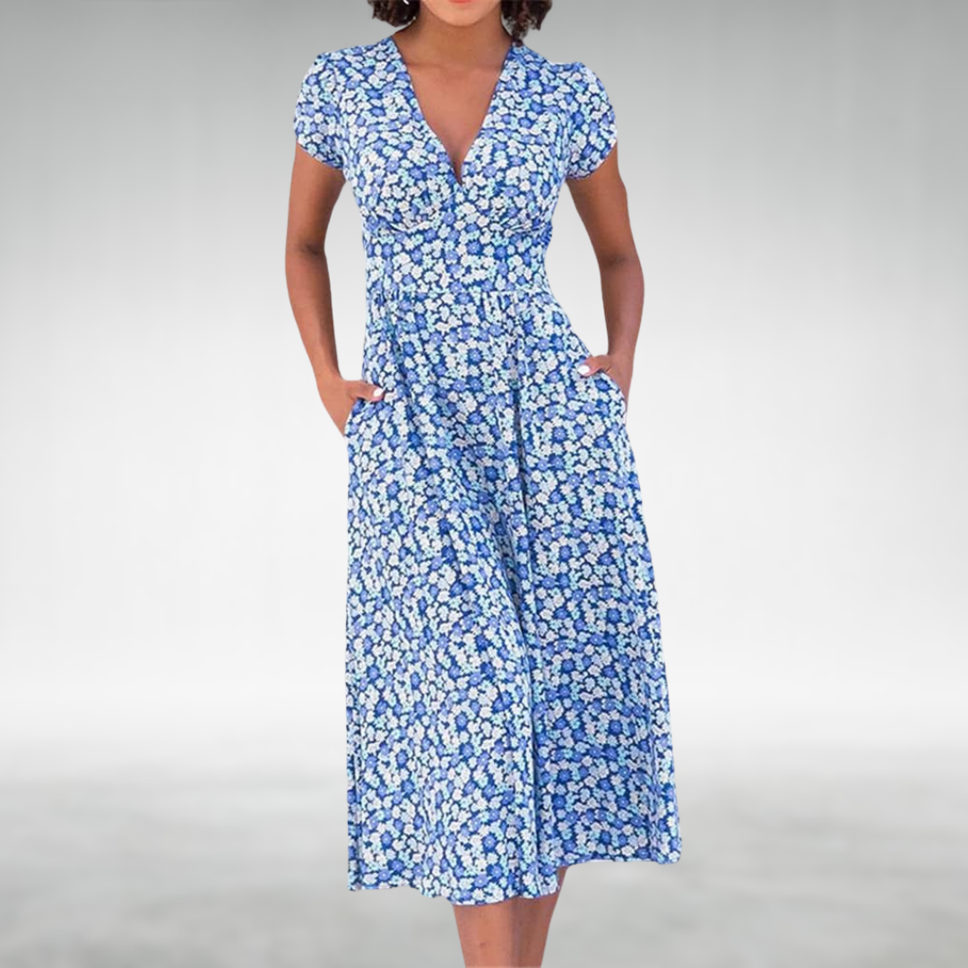 Damen Blumen Midi Kleid V-Ausschnitt mit Taschen - Norvielle