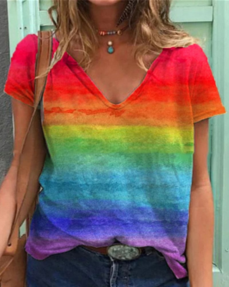 Norvielle Damen T-Shirt V-Ausschnitt Regenbogenmuster Leicht