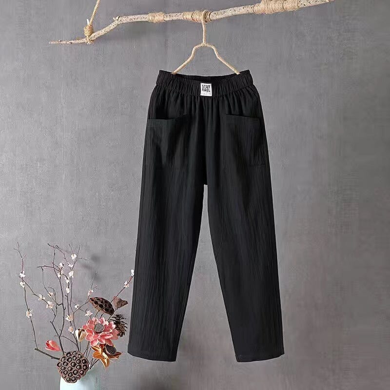 Lässige Damen Leinenhose Baumwoll Elastischer Bund Beige