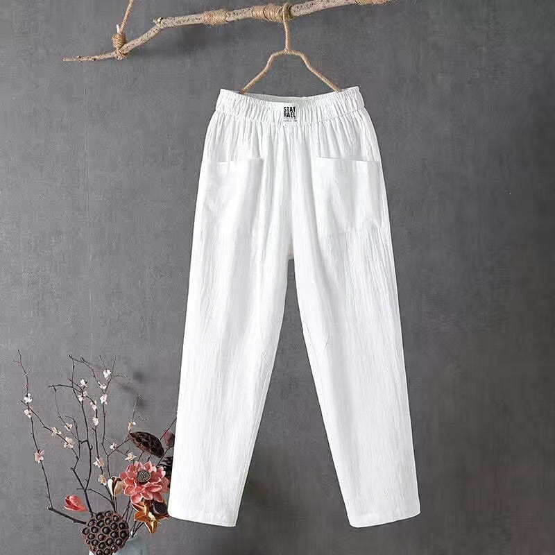 Lässige Damen Leinenhose Baumwoll Elastischer Bund Beige