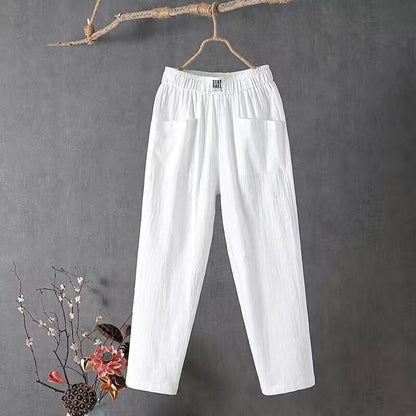 Lässige Damen Leinenhose Baumwoll Elastischer Bund Beige