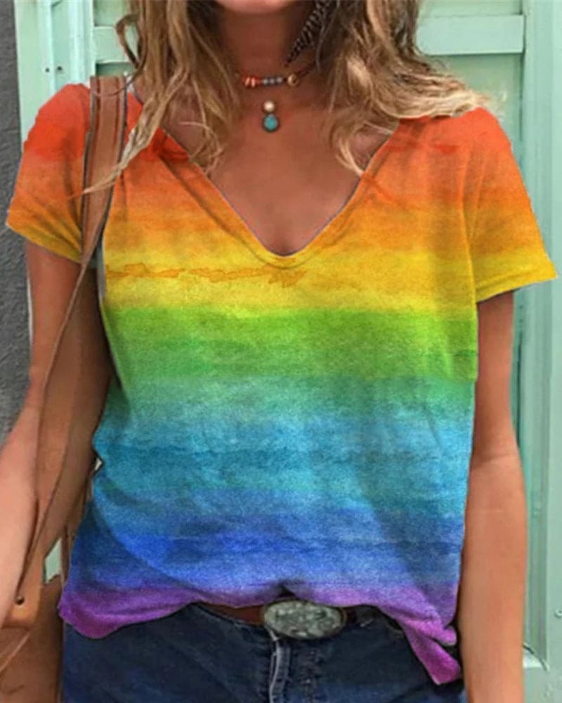 Norvielle Damen T-Shirt V-Ausschnitt Regenbogenmuster Leicht - Norvielle