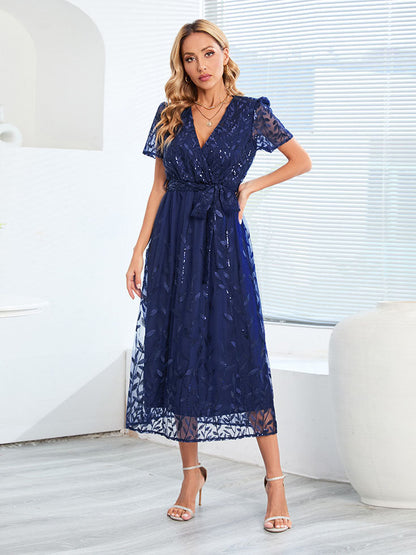 Norvielle Damen Midi Kleid V-Ausschnitt Kurzärmelig mit Gürtel