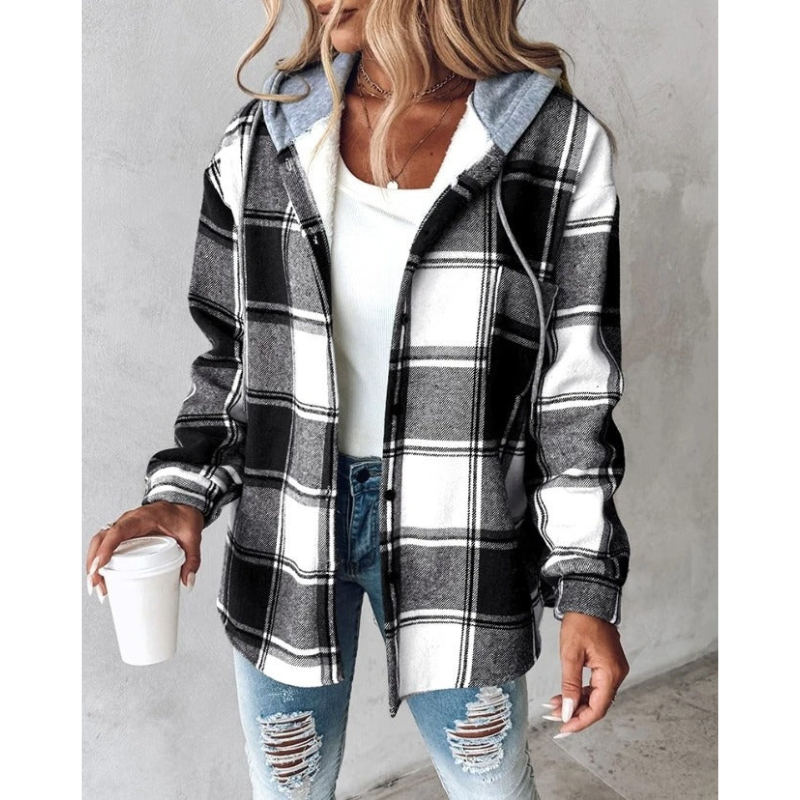 Norvielle Damen Winterhoodie Kariert Mit Knöpfen