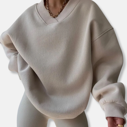 Übergroßes Damen Sweatshirt Fleece-Mischung V-Ausschnitt