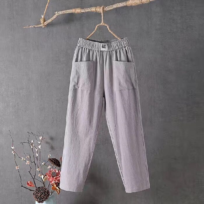 Lässige Damen Leinenhose Baumwoll Elastischer Bund Beige