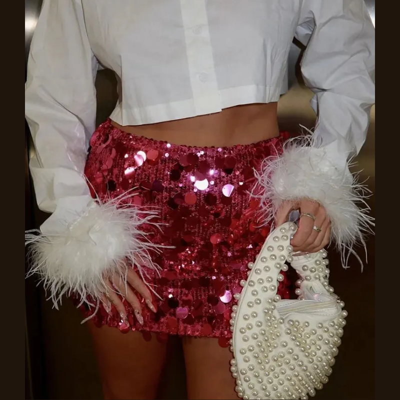 Damen Mini Rock Glitzernd Hochtailliert