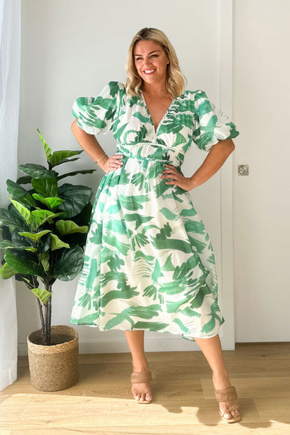 Norvielle Damen Maxi-Kleid Puffärmel Print