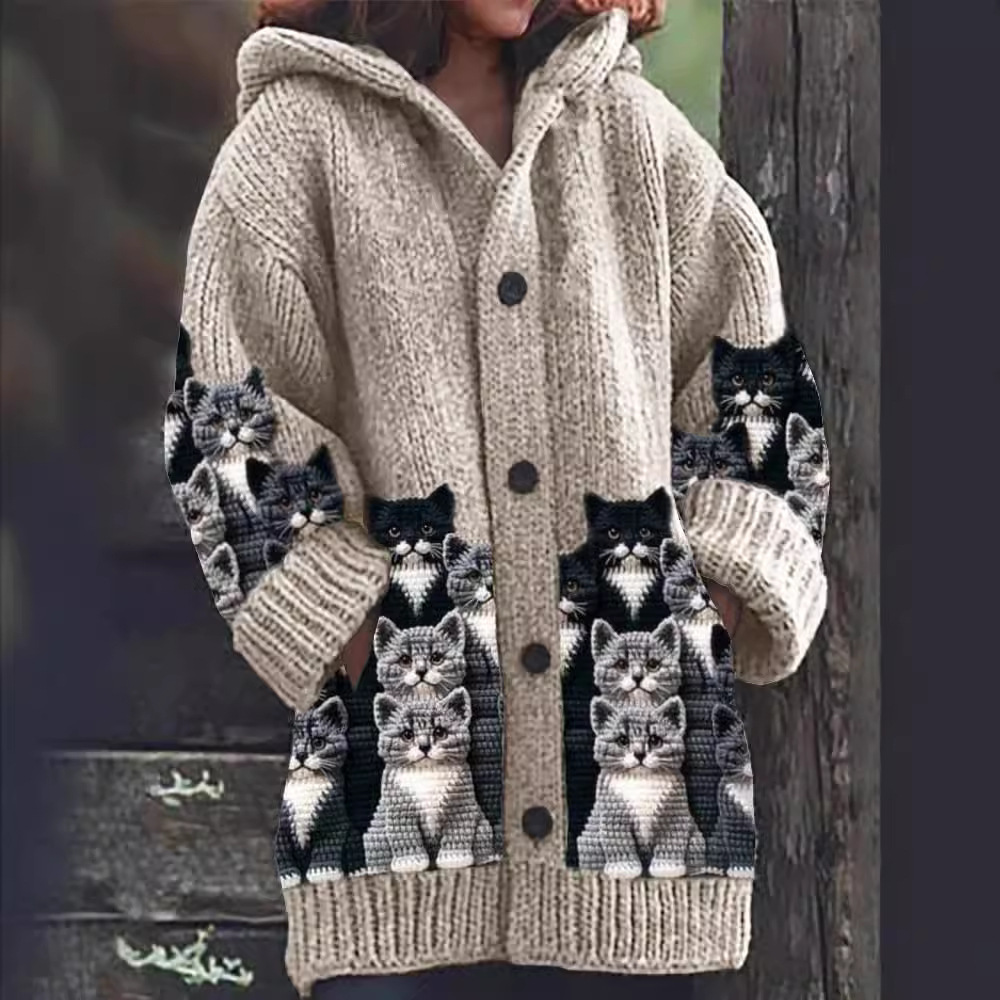 Strickjacke Damen Mit Kapuze Katzenmotiv