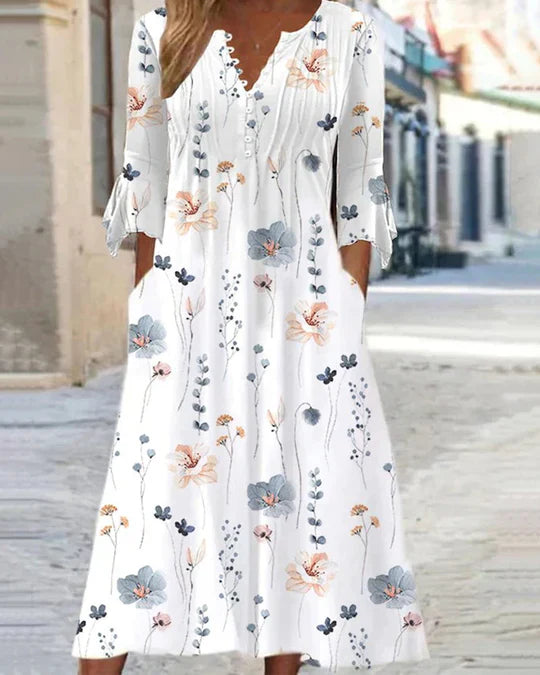 Damen Midikleid Baumwollmischung Blumenmuster 3/4-Ärmel - Norvielle