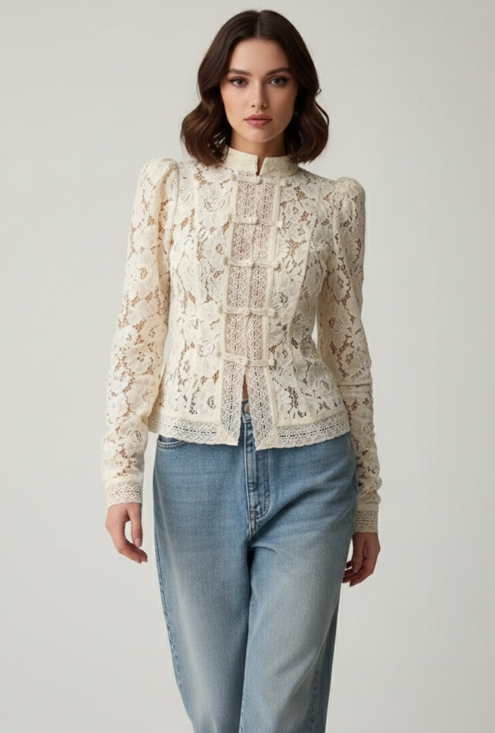Damen Spitzenbluse Elegante Stehkragen Feminin Weiß - Norvielle