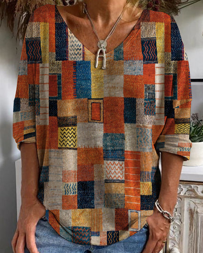 Damen Oberteil V-Ausschnitt Patchwork Print - Norvielle