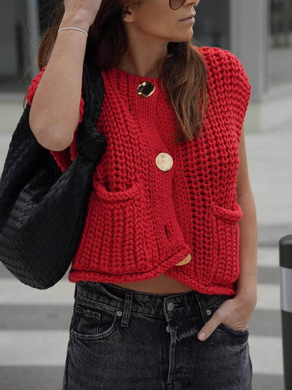 Ärmelloser Cropped Strickcardigan mit Taschen