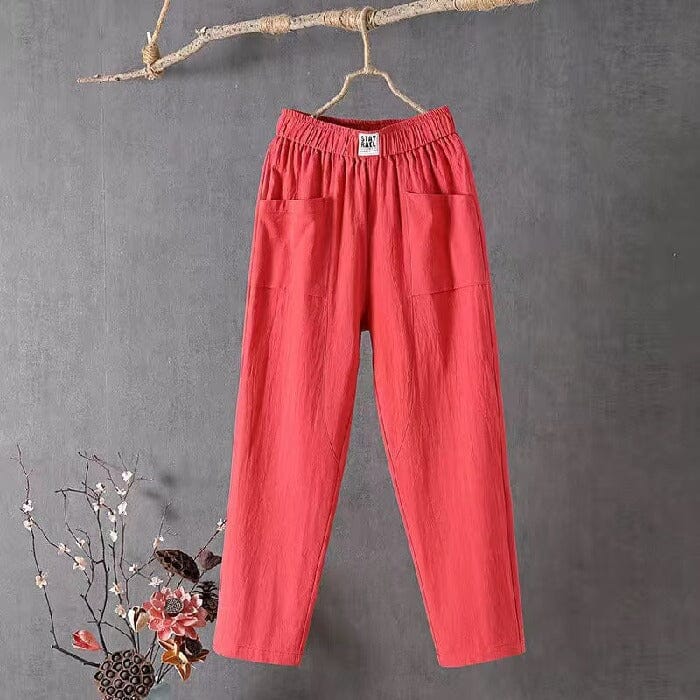 Lässige Damen Leinenhose Baumwoll Elastischer Bund Beige
