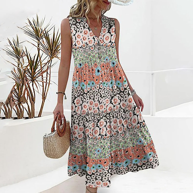 Norvielle Damen Ärmelloses Sommerkleid V-Ausschnitt Blumenmuster - Norvielle