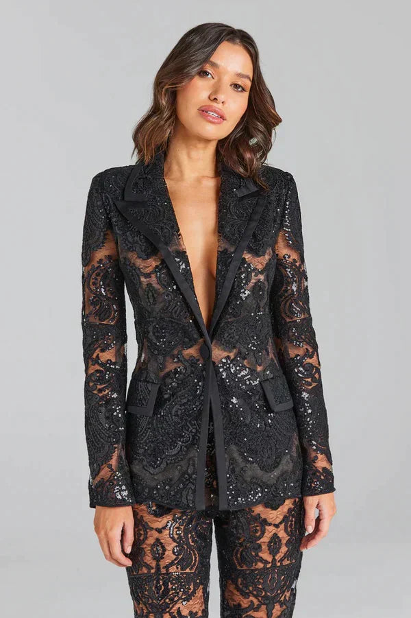 Damen Pailletten Blazer Hosen Set