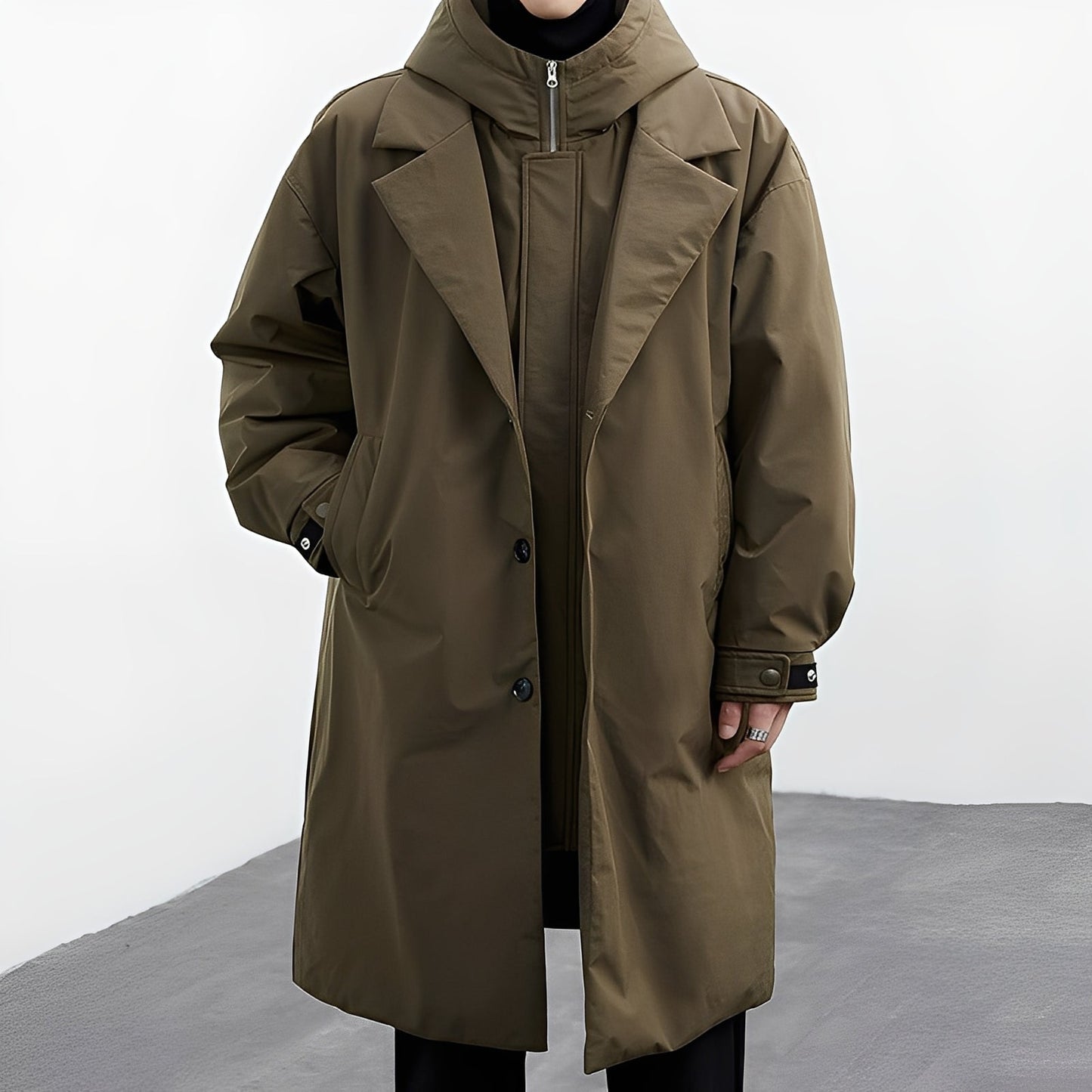 Herren Trenchcoat Lang mit Kapuze Wasserabweisend Schwarz - Norvielle