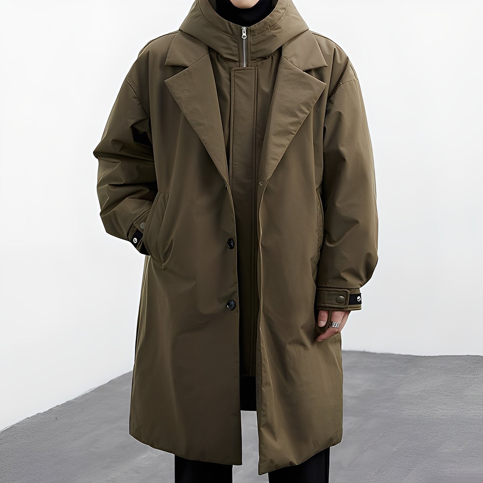 Herren Trenchcoat Lang mit Kapuze Wasserabweisend Schwarz - Norvielle