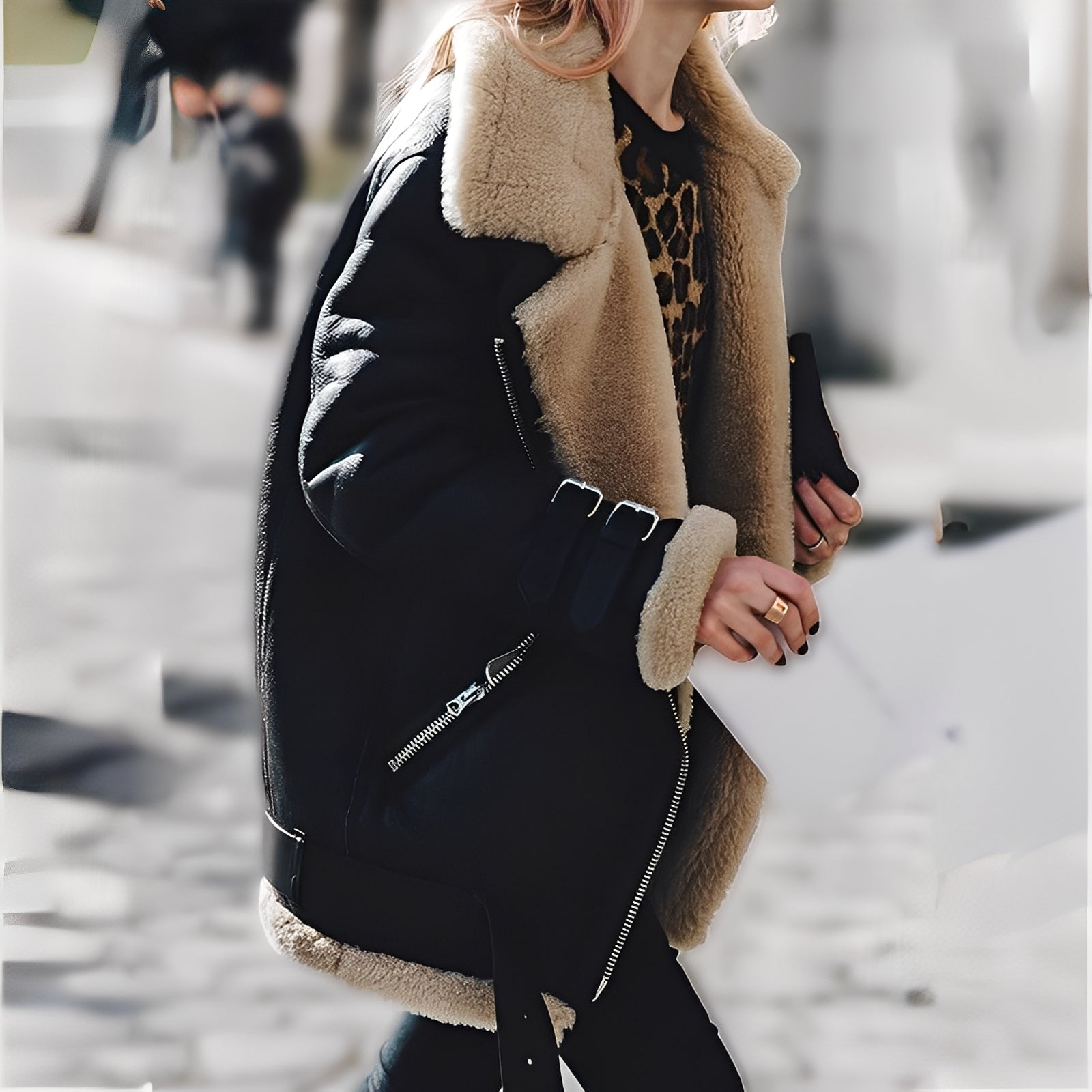 Damen Aviator Winterjacke Shearling Gefüttert Schwarz - Norvielle
