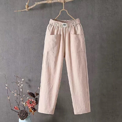 Lässige Damen Leinenhose Baumwoll Elastischer Bund Beige