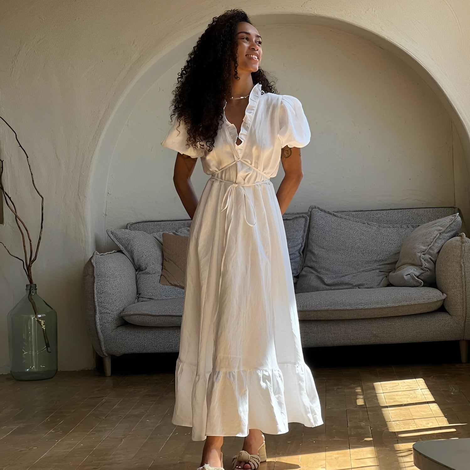 Damen Sommerkleid Elegantes Kleid aus Seide Beige - Norvielle