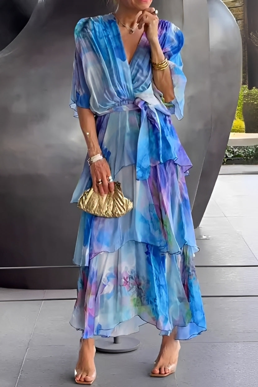 Damen Kleid V-Ausschnitt Mehrschichtig Floralmuster