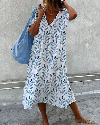 Norvielle Damen Midi-Kleid Blätterdruck Fließender Schnitt