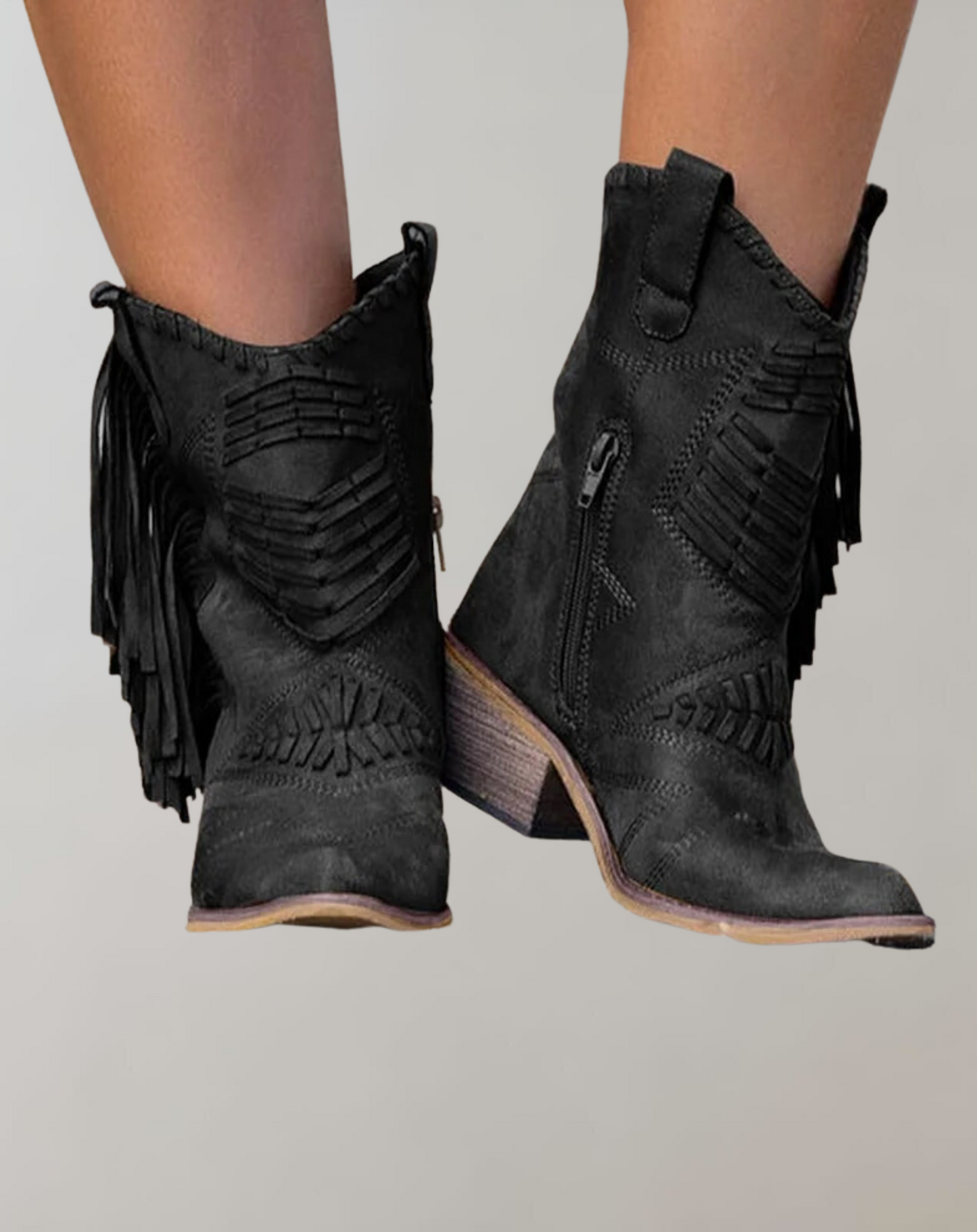 Norvielle Damen Westernstiefel Fransen Leder Schwarz - Norvielle