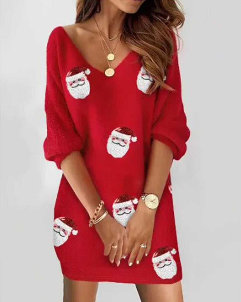 Damen Weihnachtspulloverkleid Weihnachtsmann Print - Norvielle