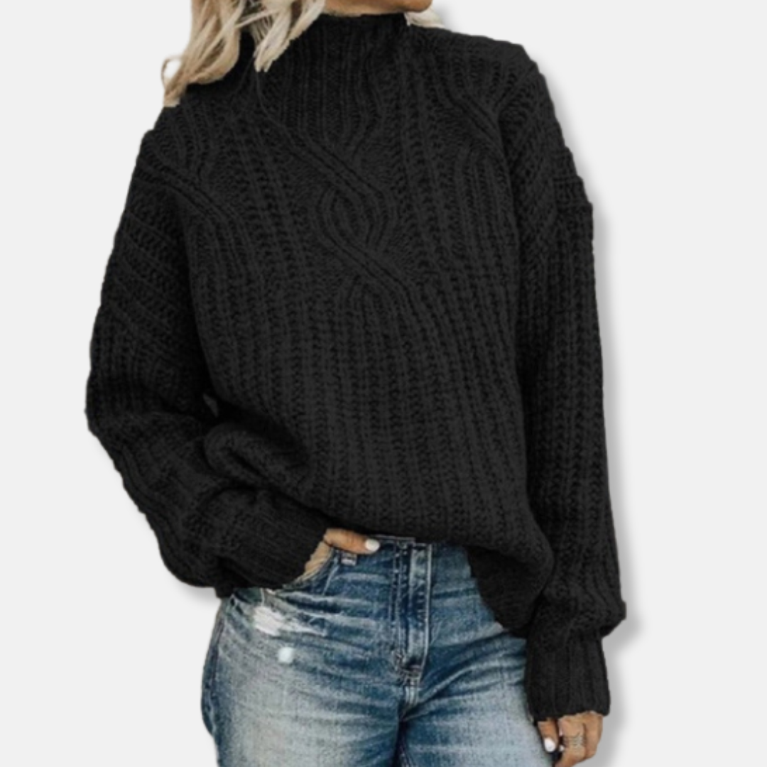 Wollpullover Damen Kabelstrick Sweatshirt Hoher Kragen Lässig Schwarz - Norvielle