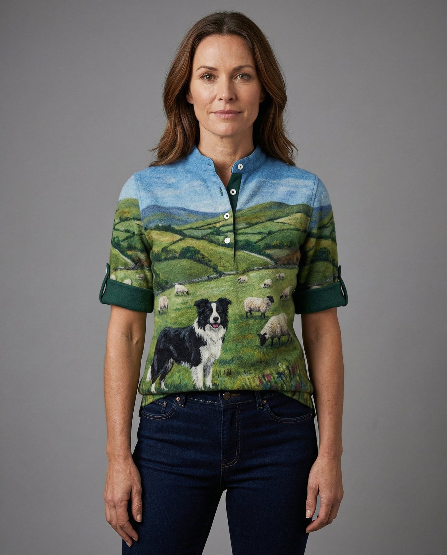 Kapuzen-Cardigan mit Border Collie Motiv Baumwolle Beige