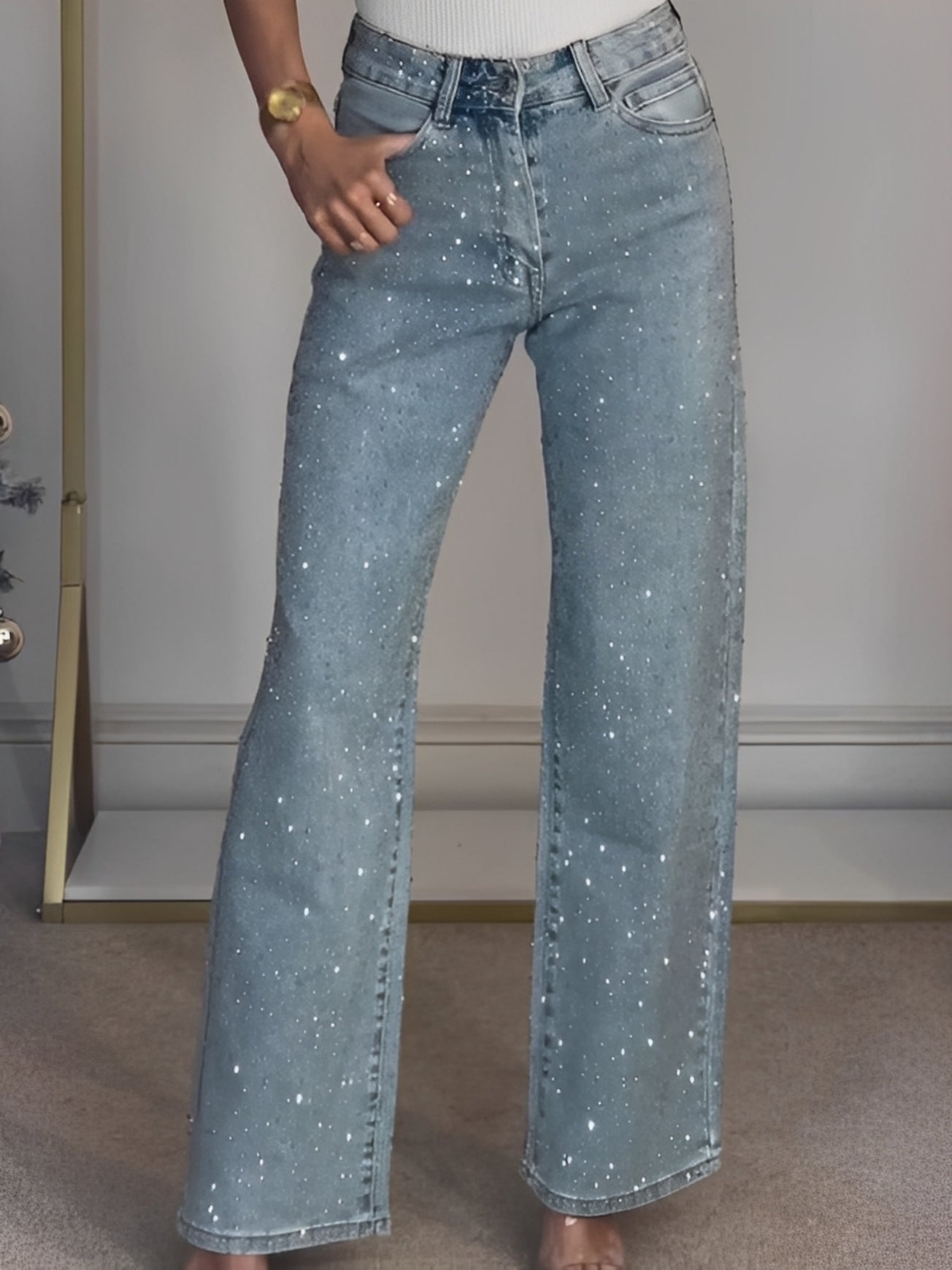 Damen Glitzerjeans Hohe Taille Glitzer Effekt Schwarz - Norvielle