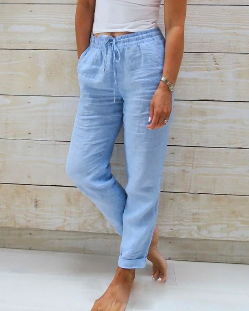 Damen Leinenhose Lässig Mit Kordelzug Beige - Norvielle