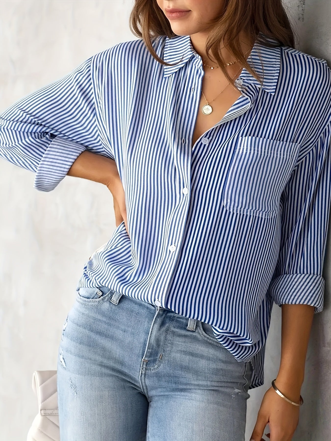 Damen Langarmshirt Streifen Baumwolle Relaxed Fit