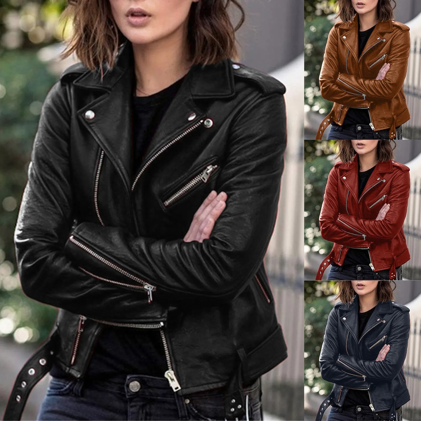 Damen Bikerjacke Leder Gürtel Reißverschluss Schwarz - Norvielle