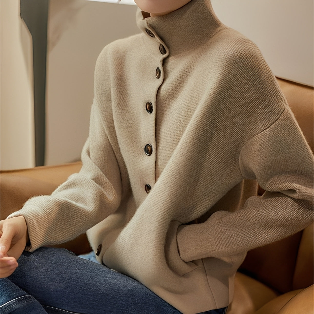 Damen Rollkragenpullover Locker Baumwolle Beige - Norvielle