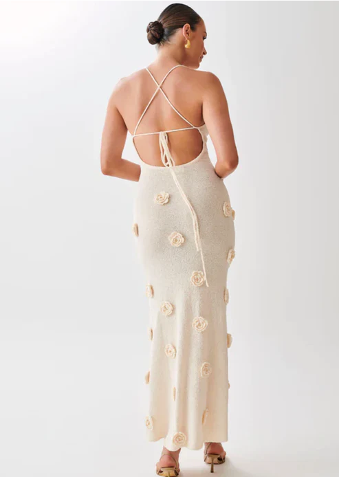 Damen Maxikleid Spaghettiträger 3D Blumenapplikation